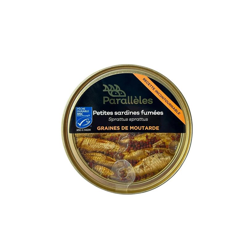 Petites sardines fumés aux graines de moutarde en boîte