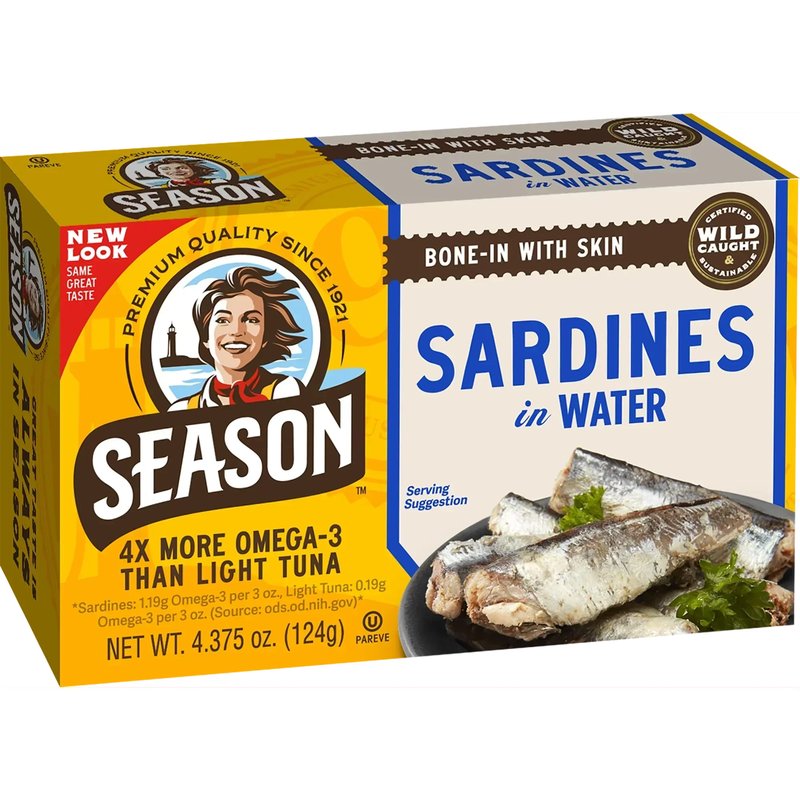 Season Sardines in Water, Bone-In with Skin, 4.375 oz